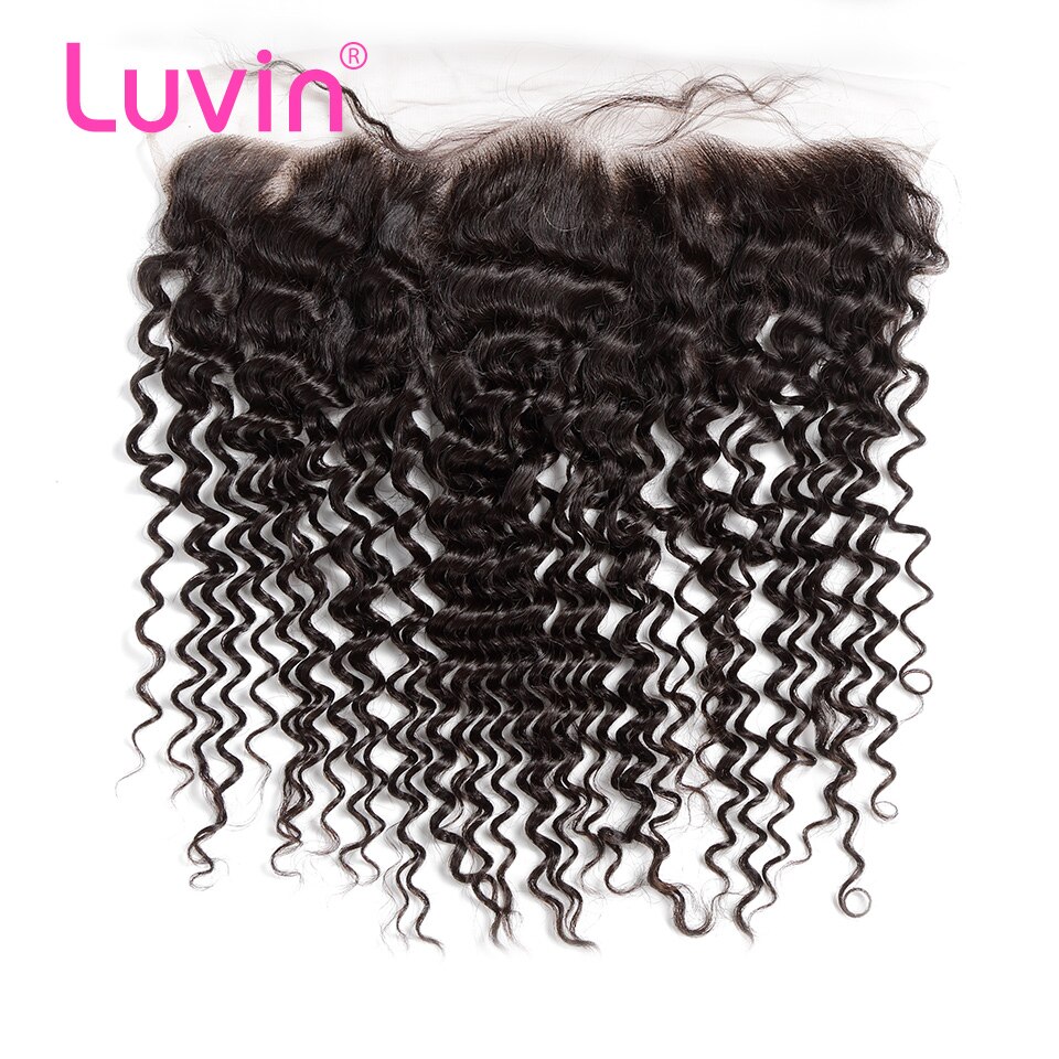 Luvin 말레이시아 아프리카 곱슬 머리 레이스 정면 폐쇄 13x4 아기 머리 레미 인간의 머리 깊은 웨이브 폐쇄와 표백 된 매듭